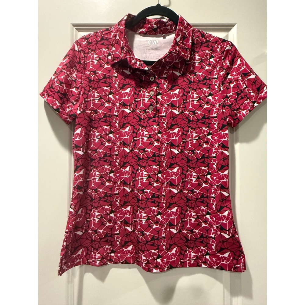 Nivo Sport Red Geometric‎ Print Golf Polo Shirt Womens Small S/P Short Slee